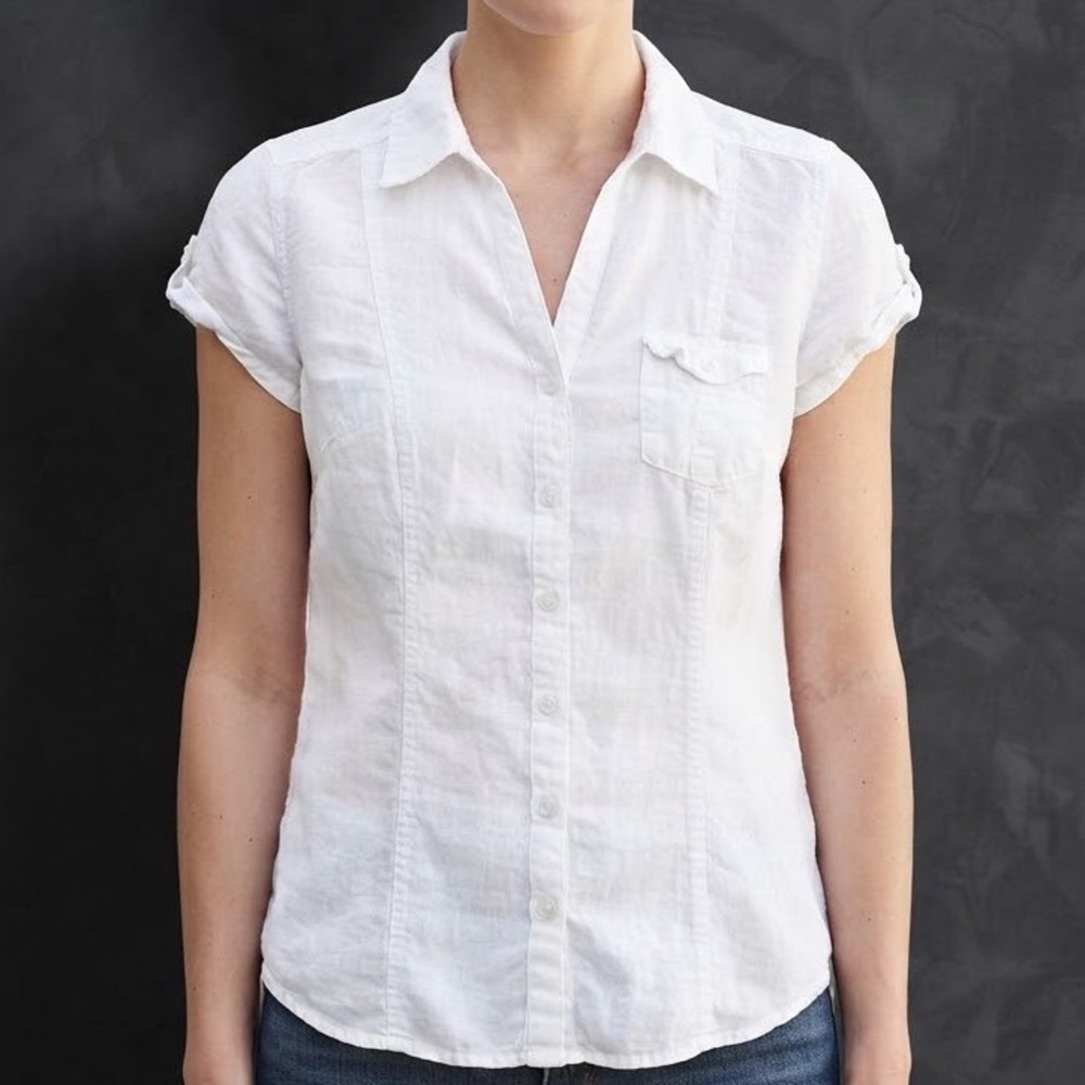 Sonoma Life Style White Linen Blend Short Sleeve Button Down Shirt Medium